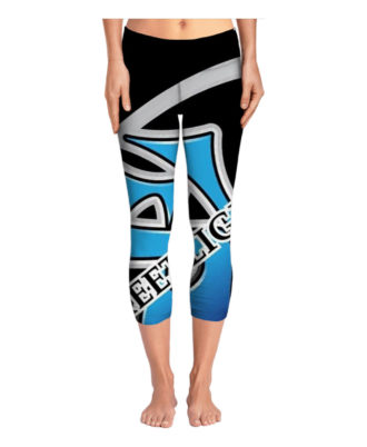 Black and blue printed capri leggings by Zaid Sports with bold geometric design and comfortable athletic fit.