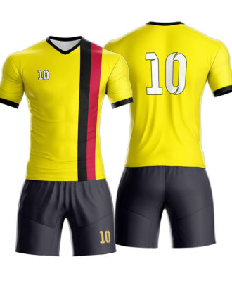 Yellow and black soccer jersey and shorts set by Zaid Sports with vertical red accent stripe and number 10.