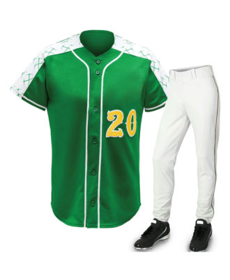 Green baseball jersey and white pants set by Zaid Sports with button-front design and number 20.