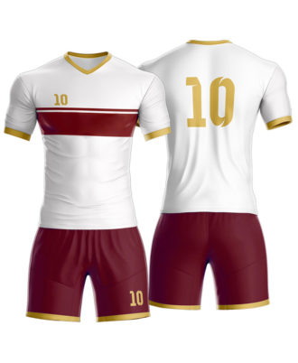 White and maroon soccer jersey and shorts set by Zaid Sports with horizontal chest stripe and number 10.