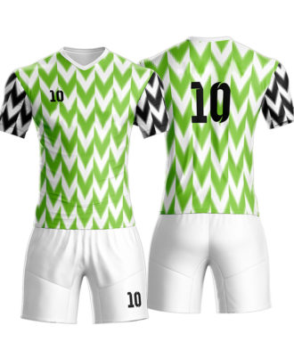 Green, white, and black soccer jersey and shorts set by Zaid Sports with bold zigzag pattern and number 10.