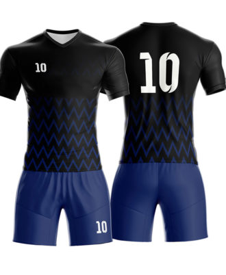 Black and blue soccer jersey and shorts set by Zaid Sports with zigzag pattern and number 10 design.