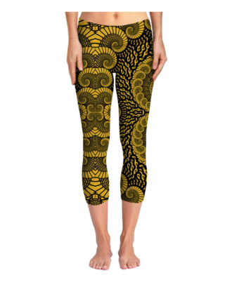 Black and gold patterned capri leggings by Zaid Sports with a stylish printed design and comfortable fit.