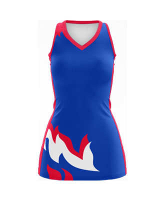 Zaid Sports blue and red sleeveless netball uniform dress with flame graphic design, front view