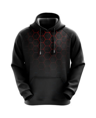 Zaid Sports custom black sports hoodie with red geometric pattern for men, premium athletic hoodie for training and casual wear