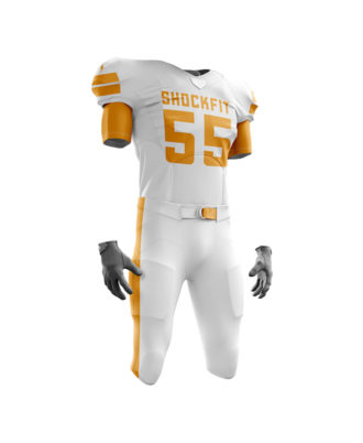 Zaid Sports custom white and yellow American football uniform for men, padded jersey and pants set with team name and number