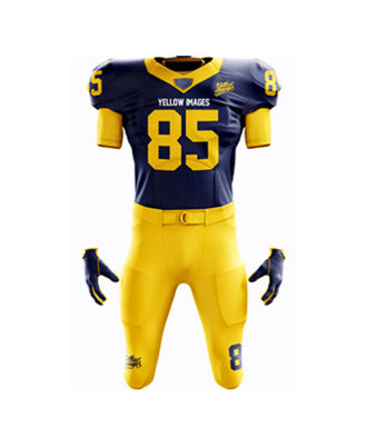 Zaid Sports custom navy blue and yellow American football uniform for men, padded jersey and pants set with team name and number
