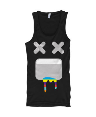 Zaid Sports black sleeveless tank top with abstract cartoon face graphic and colorful dripping design, front view