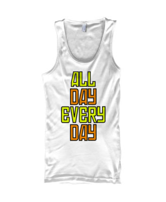 Zaid Sports white sleeveless tank top with “All Day Every Day” motivational text graphic, front view