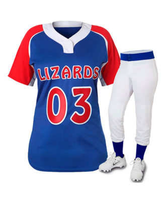 Zaid Sports custom blue, red and white softball uniform set for women, breathable jersey and pants with team name and number
