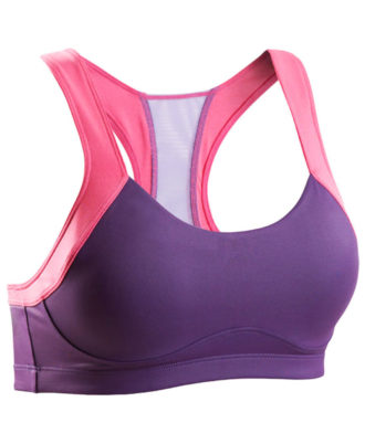 Zaid Sports purple sports bra with pink racerback straps and medium support, front view