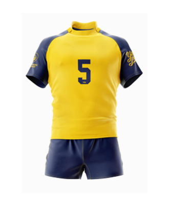 Zaid Sports yellow and navy rugby kit with short-sleeve jersey and matching shorts, number 5, front view