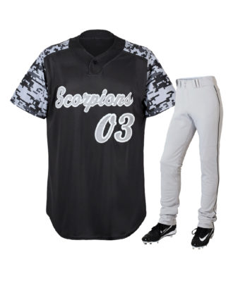 Zaid Sports custom black and grey baseball uniform set for men, breathable jersey and pants with team name and number