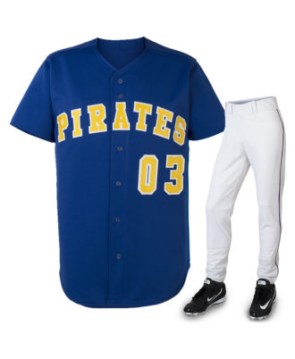 Blue baseball jersey and white pants set by Zaid Sports with Pirates team lettering and number 03.
