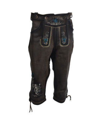 Traditional Bavarian knee length leather lederhosen with blue embroidery by Zaid Sports