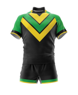 Zaid Sports black rugby kit with yellow and green chevron design, short-sleeve jersey and matching shorts, front view