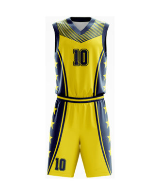 Zaid Sports custom yellow and navy blue basketball kit for men, breathable athletic jersey and shorts set for team sports