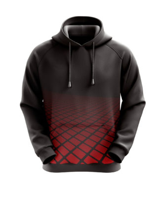 Black sublimated pullover hoodie by Zaid Sports with red geometric fade design and drawstring hood.