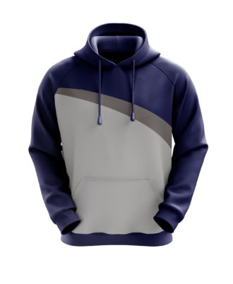 Navy blue and grey sublimated pullover hoodie by Zaid Sports with diagonal color-block design and drawstring hood.