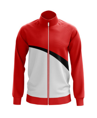 Red and white zip-up sports jacket by Zaid Sports with black diagonal accent and high-neck collar.