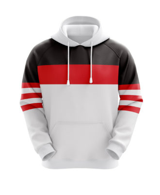 White, black, and red sublimated pullover hoodie by Zaid Sports with striped sleeve design and drawstring hood.