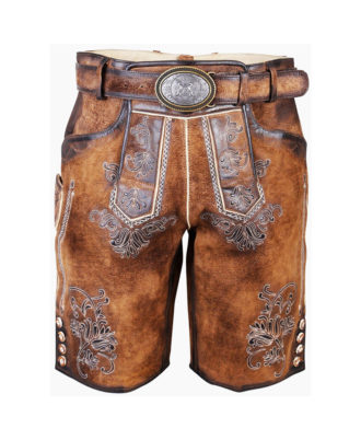 Traditional Bavarian brown leather lederhosen shorts with detailed embroidery by Zaid Sports