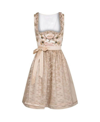 Zaid Sports traditional beige dirndl dress with lace bodice, embroidered skirt, and ribbon waist tie, front view