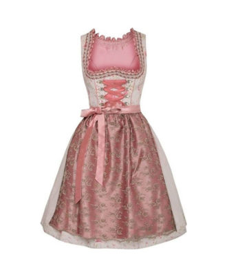 Zaid Sports traditional pink dirndl dress with lace-up bodice, patterned skirt, and matching apron, front view