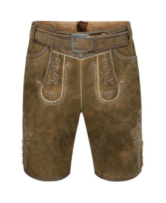 Traditional Bavarian brown leather lederhosen shorts with belt by Zaid Sports