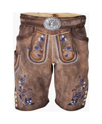 Traditional Bavarian leather lederhosen shorts with blue embroidery by Zaid Sports