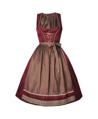 Zaid Sports traditional maroon and brown dirndl dress with lace-up bodice, decorative skirt, and apron, front view