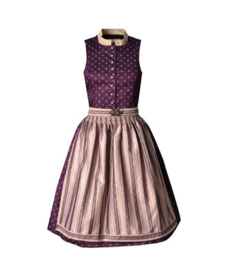 Zaid Sports traditional purple dirndl dress with patterned bodice and striped skirt, front view