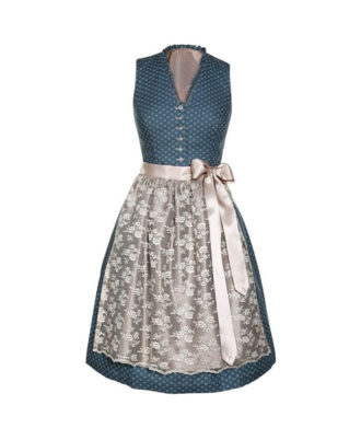 Zaid Sports traditional blue dirndl dress with fitted bodice, floral apron, and ribbon tie, front view