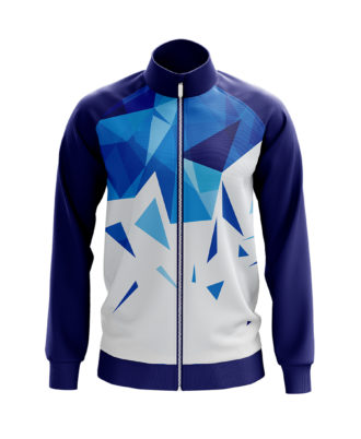 Blue and white zip-up sports jacket by Zaid Sports with geometric pattern and full-front zipper.