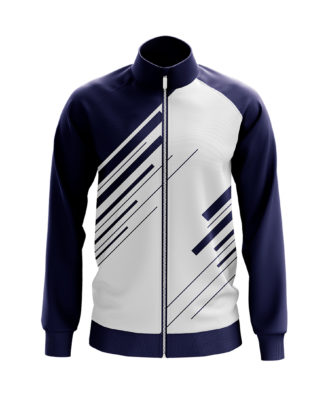 Navy blue and grey zip-up sports jacket by Zaid Sports with modern diagonal line graphic design.