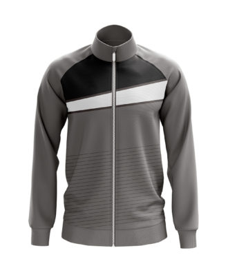 Grey and black zip-up hoodie by Zaid Sports with white chest stripe and high-neck collar.