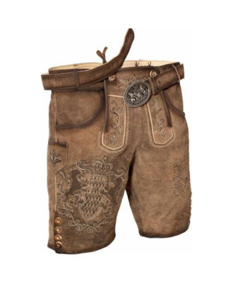 Traditional Bavarian leather lederhosen shorts with embroidered design by Zaid Sports