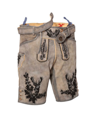 Traditional Bavarian grey leather lederhosen shorts with black embroidery by Zaid Sports
