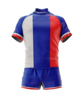 Zaid Sports red, white, and blue footy kit with short-sleeve jersey and matching shorts, front view