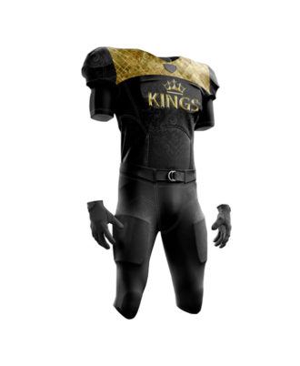 Zaid Sports custom black and gold American football uniform for men, padded jersey and pants set with premium design