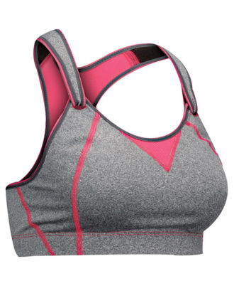 Zaid Sports gray sports bra with pink accents and racerback design, medium support