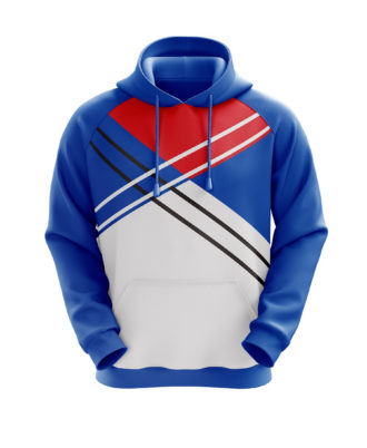 Blue graphic pullover hoodie by Zaid Sports with red and white diagonal stripe design and drawstring hood.