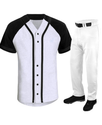 White and black baseball jersey and pants set by Zaid Sports with classic button-front design.