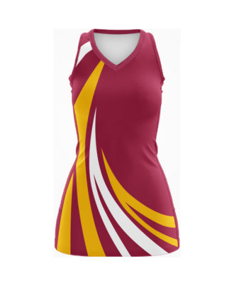 Zaid Sports maroon and yellow sleeveless netball uniform dress with curved stripe design, front view