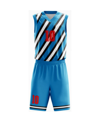 Zaid Sports custom blue and black striped basketball kit for men, breathable athletic jersey and shorts set for team sports