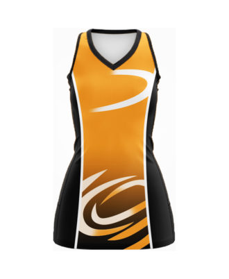 Zaid Sports orange and black sleeveless netball uniform dress with swirl graphic design, front view