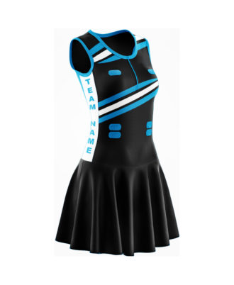 Zaid Sports black and sky blue sleeveless netball uniform dress with pleated skirt, side view